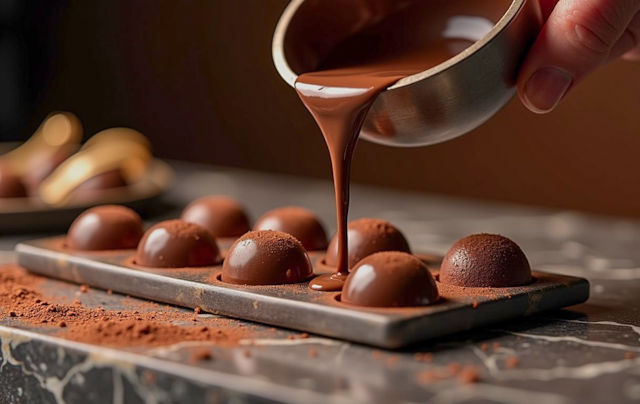 Chocolate templado cayendo sobre bombones en el taller