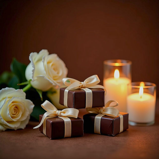 Cajas pequeñas con lazo junto a velas y flores