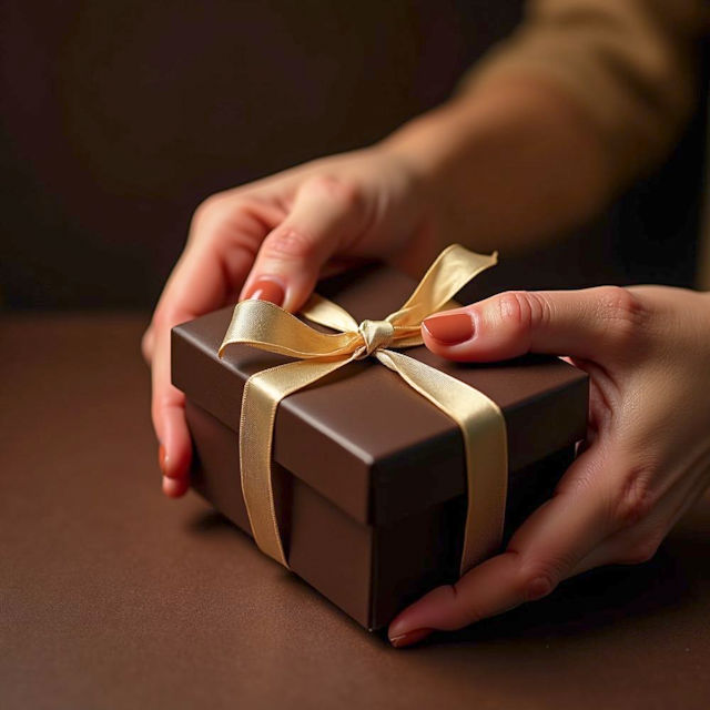 Caja de regalo con lazo dorado entre las manos